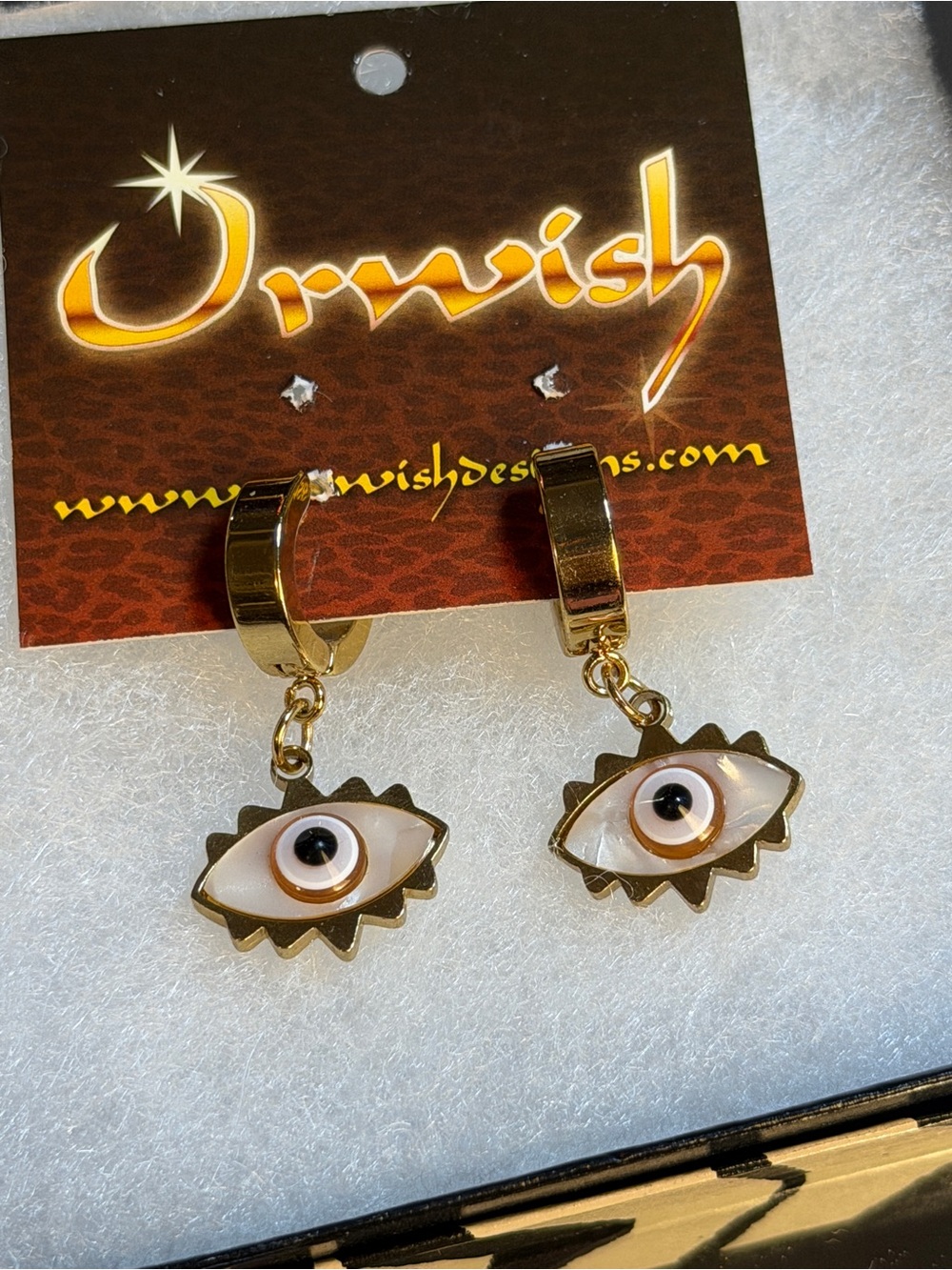 Gold Evil Eye Drop Hoop Earrings - White & Gold